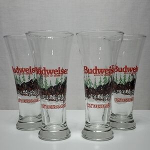 Budweiser Clydesdales Pint Glasses Holiday Winter Tree Red and Green 1988 Set 4